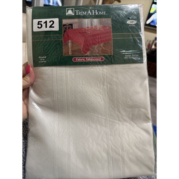 Trim a Home White Cloth Tablecloth Round 70” Satin Strip Polyester NEW - Picture 14 of 14